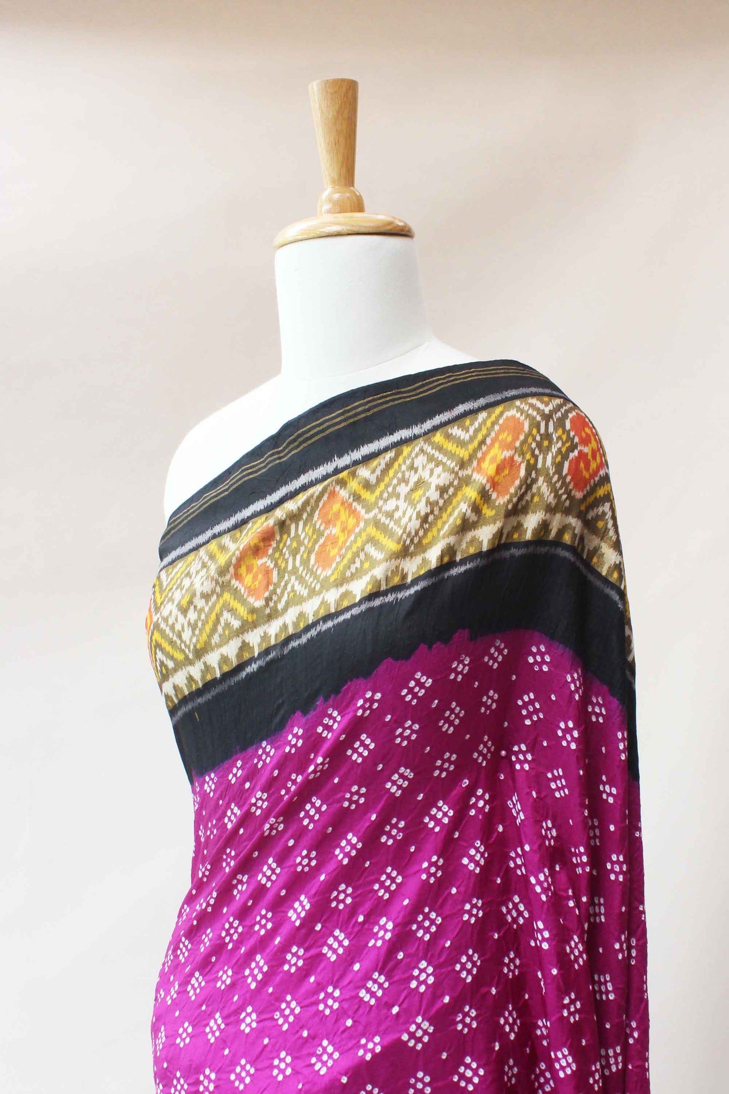 Magenta and Black Patola Border Saree with Bandhani