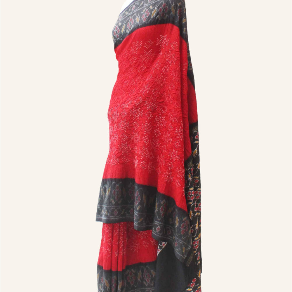 Red and Black Patola Border Saree with Bandhani