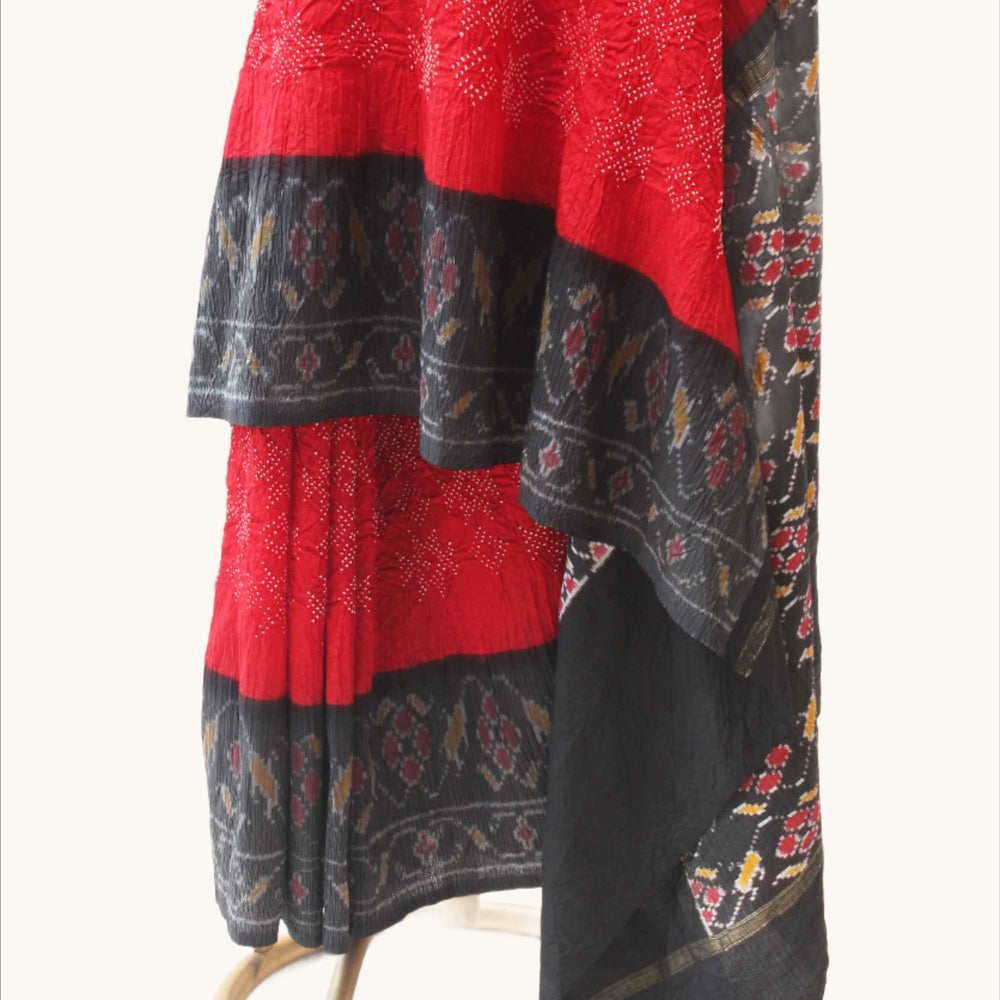 Red and Black Patola Border Saree with Bandhani