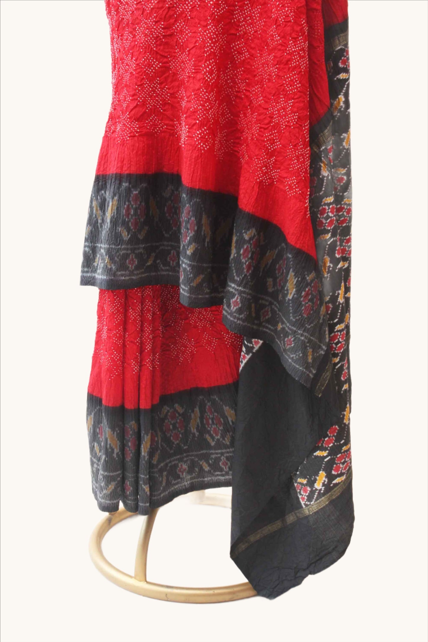 Red and Black Patola Border Saree with Bandhani