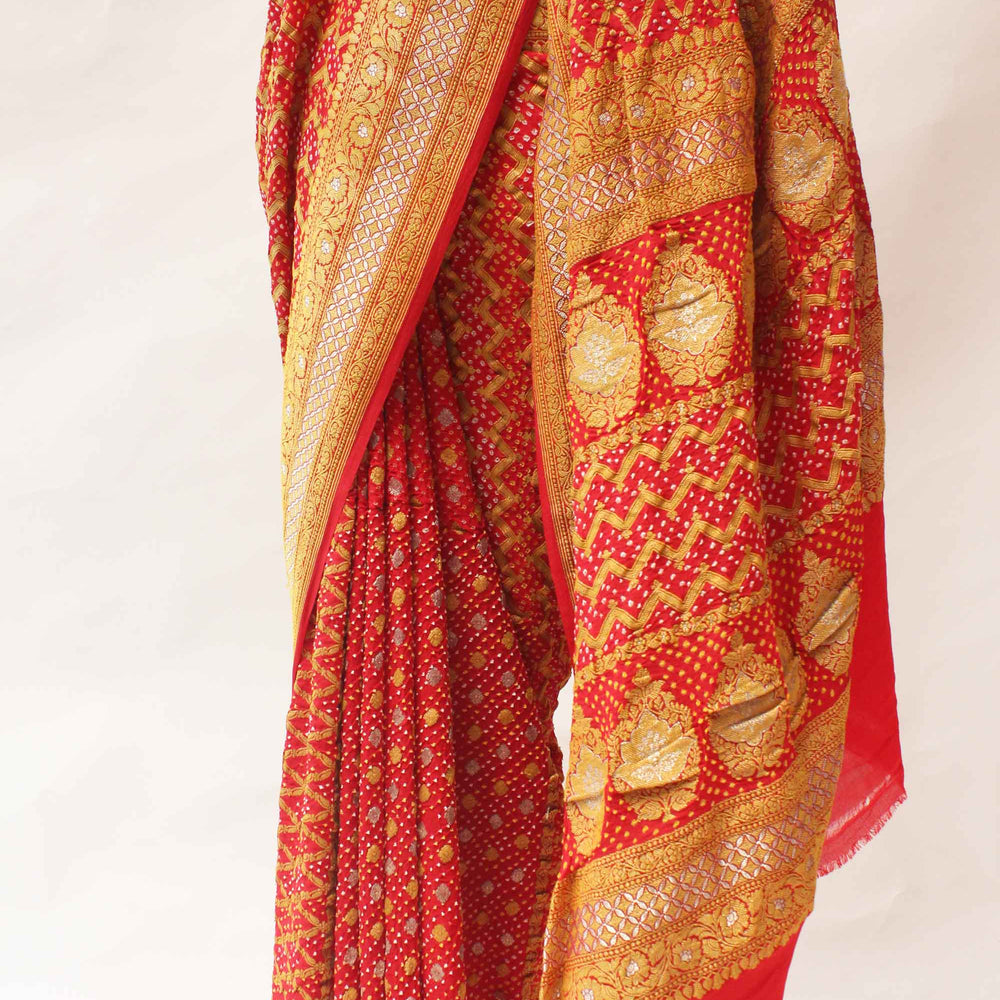 Deep Red Banarasi Bandhani Saree