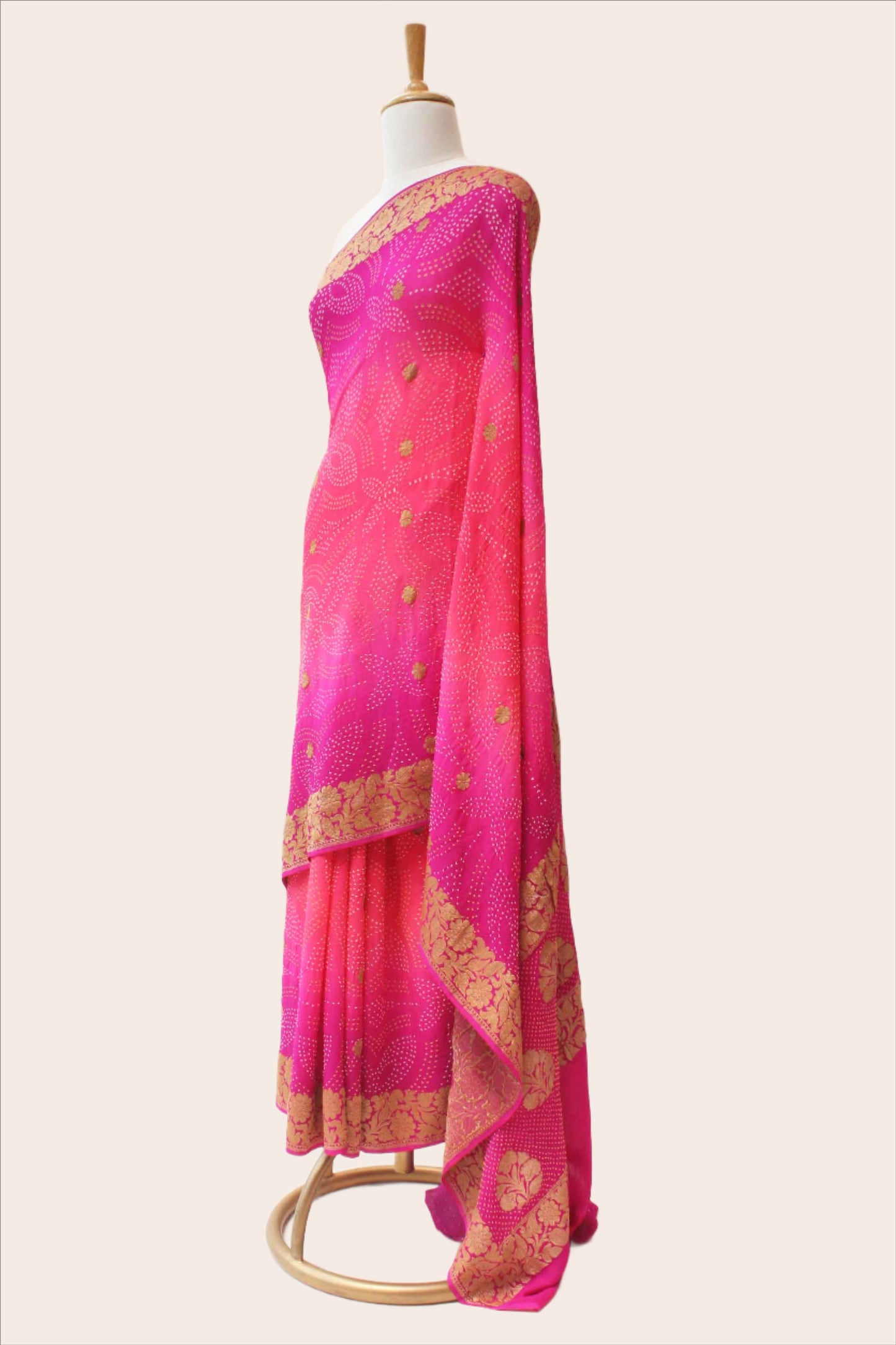 Pink Magenta Shaded Banarasi Bandhani Saree