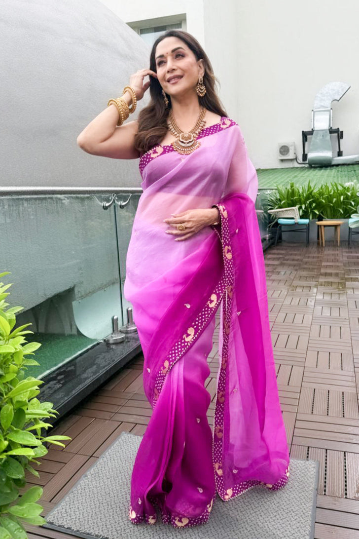 Purple Shaded Organza Saree with Banarasi Bandhani Blouse
