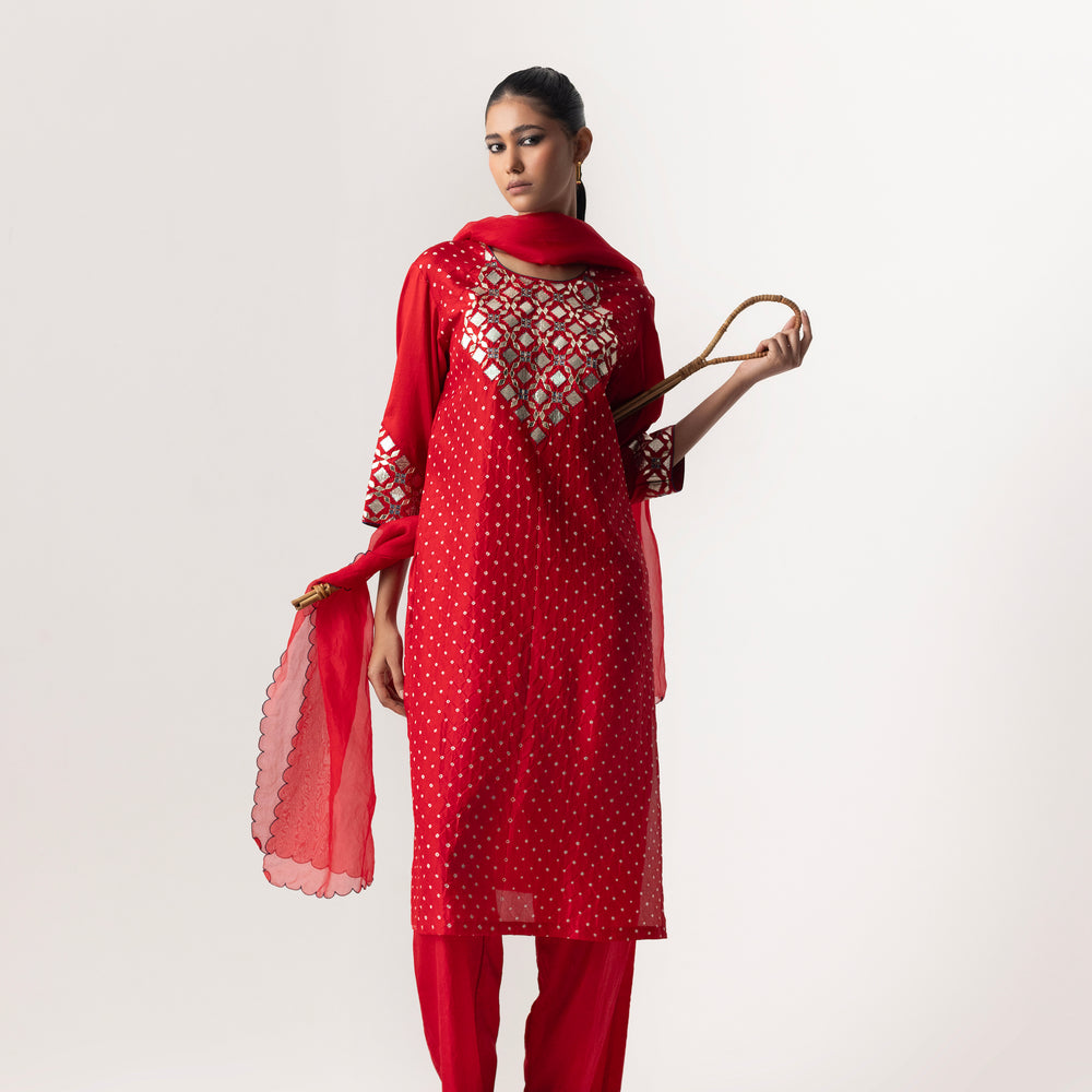 
                      
                        Gota Embroidered Bandhani Suit Set - Red
                      
                    