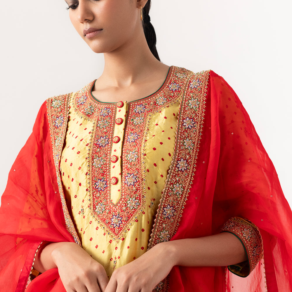 Zardozi Bandhani Suit Set - Beige Red