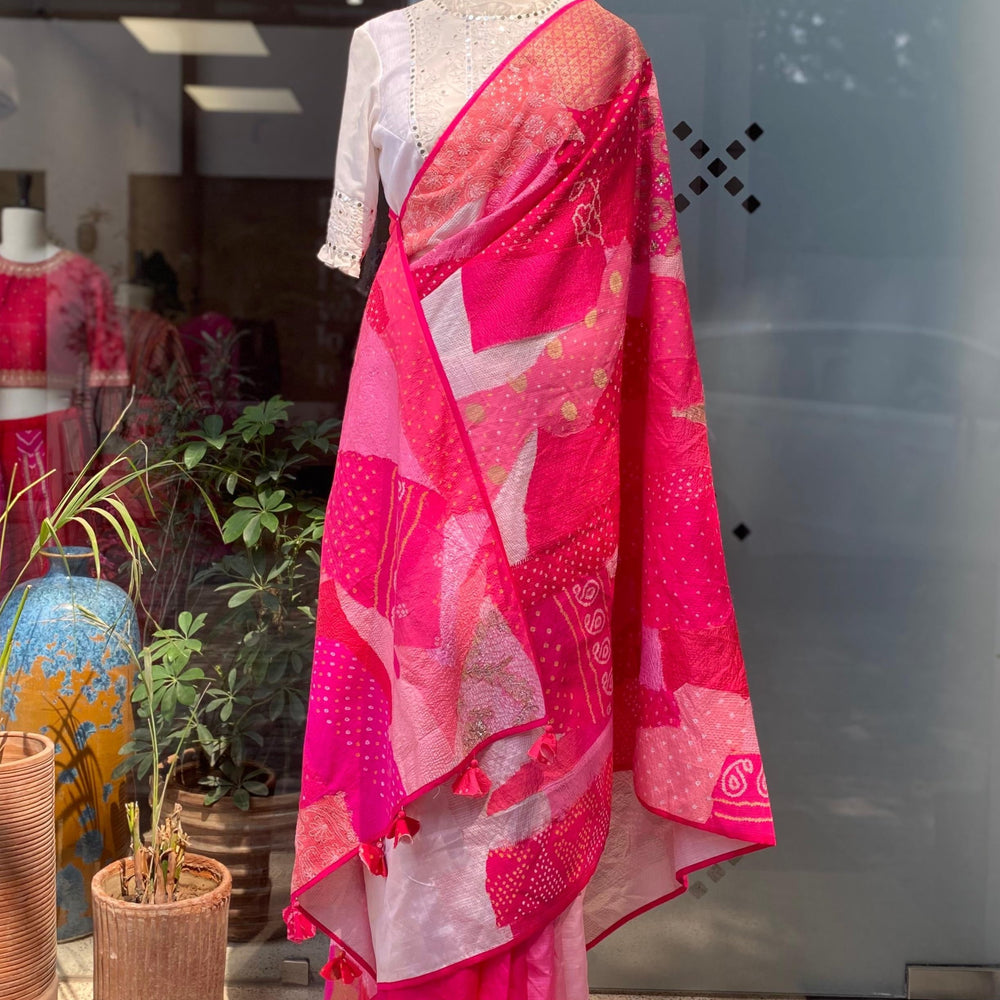 Naina Jain Bandhani Silk Patchwork Saree_Peach