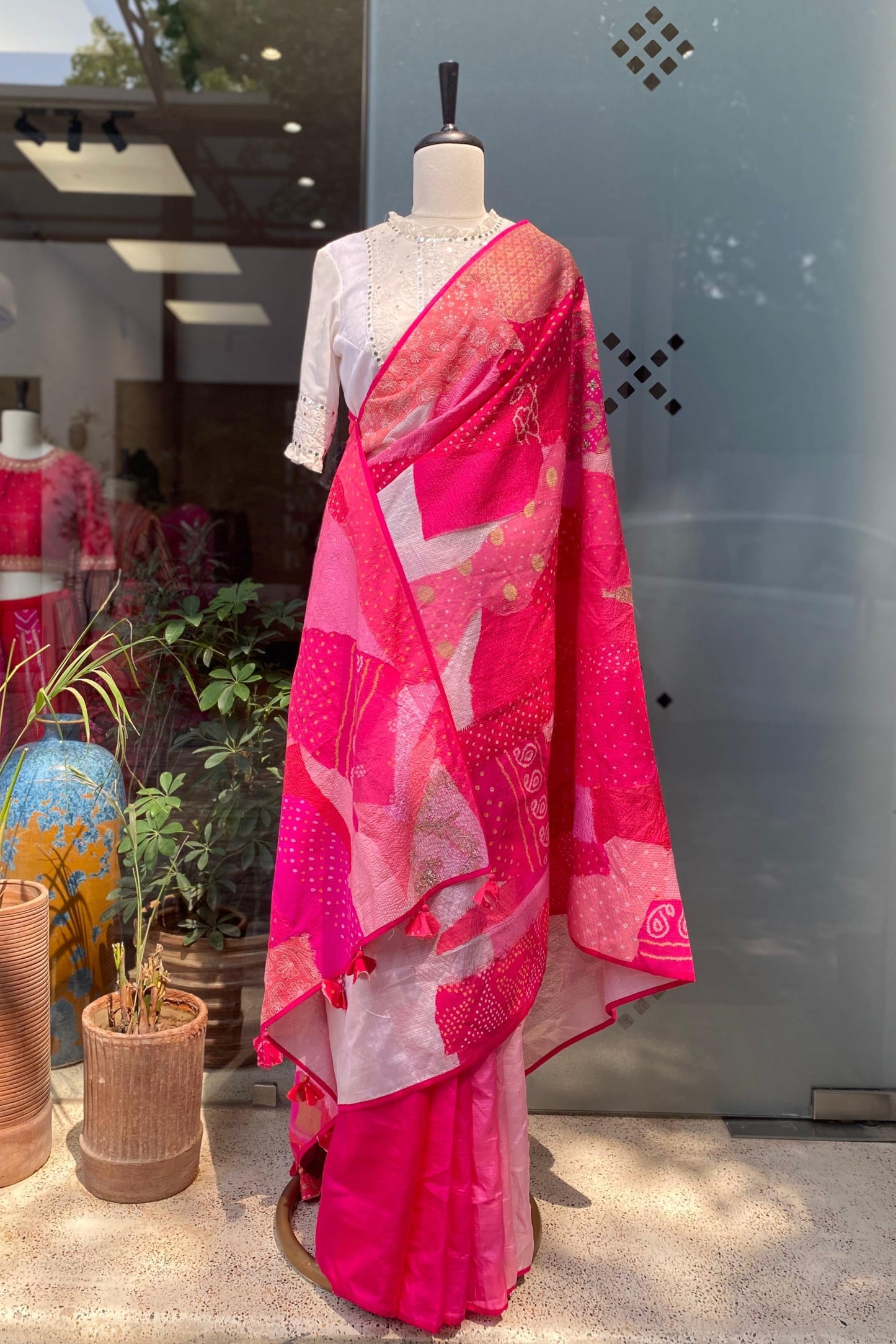 Naina Jain Bandhani Silk Patchwork Saree_Peach