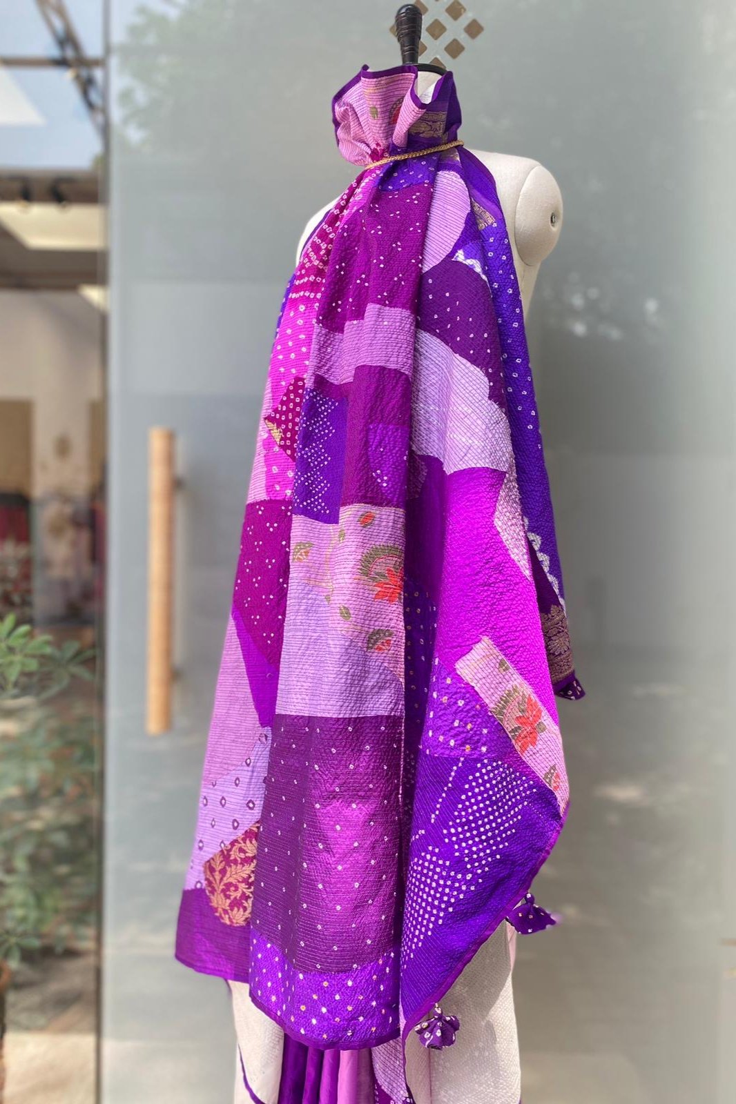 Naina Jain Bandhani Silk Patchwork Saree_Purple