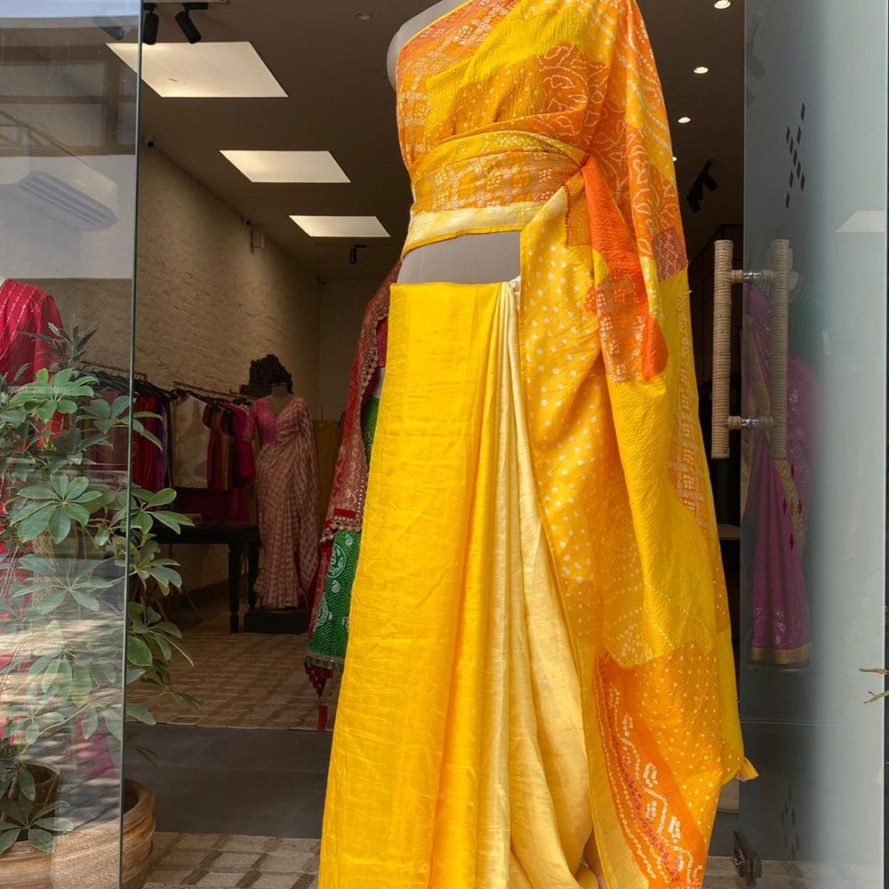 Naina Jain Bandhani Silk Patchwork Saree_Yellow