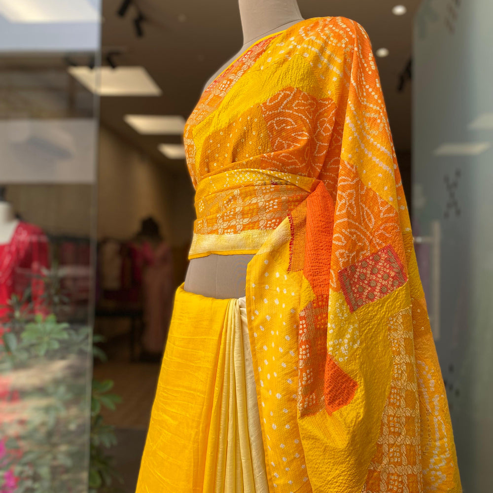 Naina Jain Bandhani Silk Patchwork Saree_Yellow