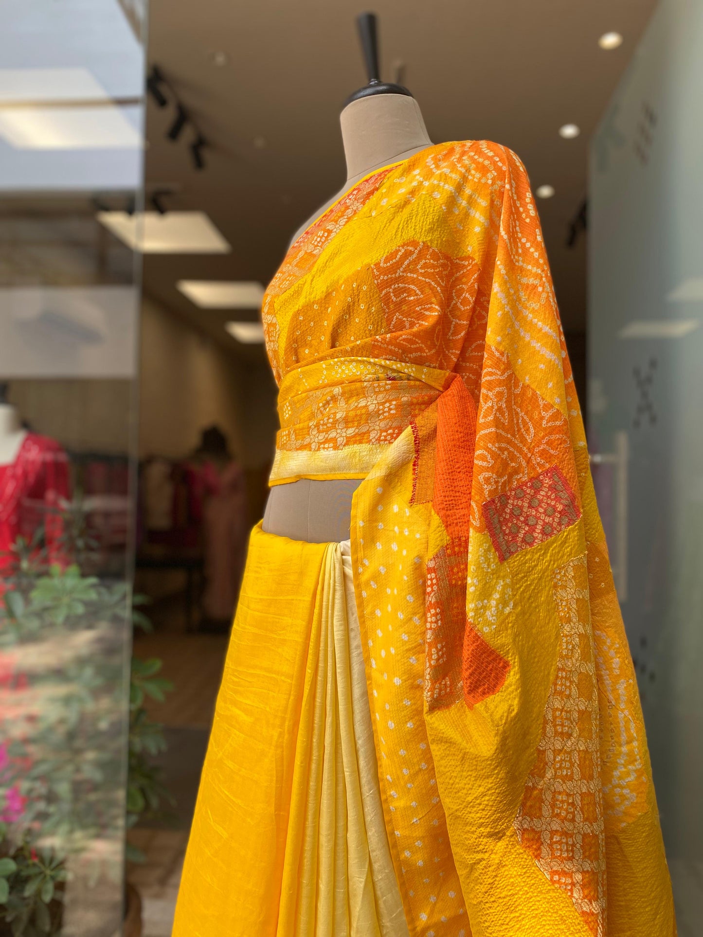 Naina Jain Bandhani Silk Patchwork Saree_Yellow