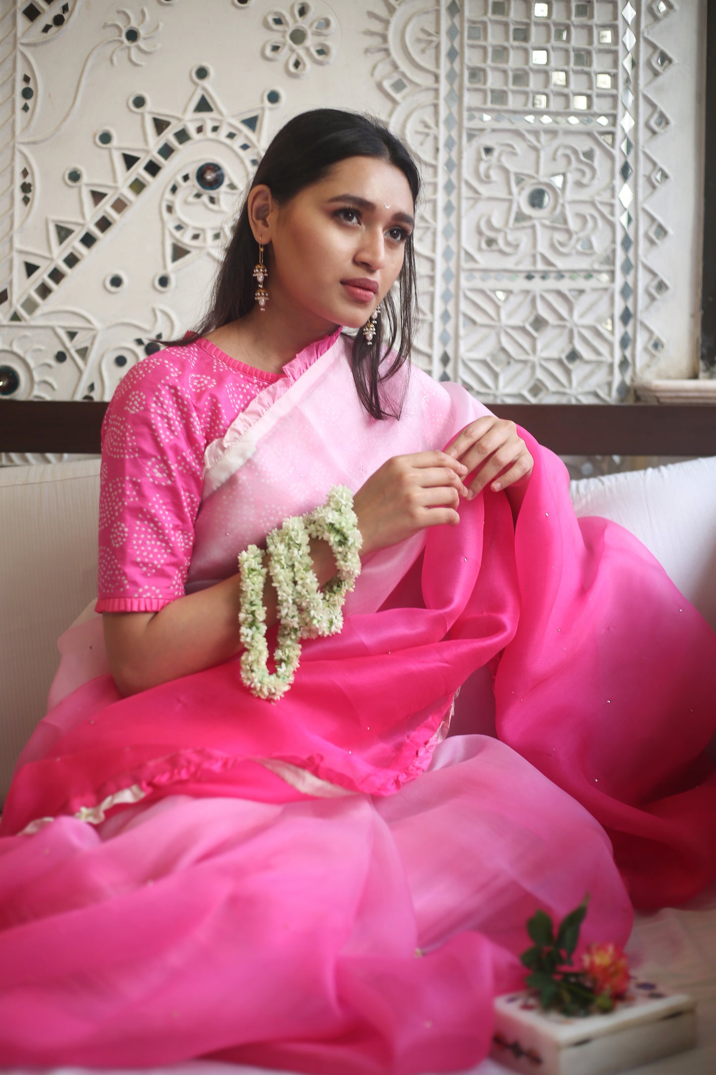 Shaded Organza Saree with Bandhani Blouse - Pink