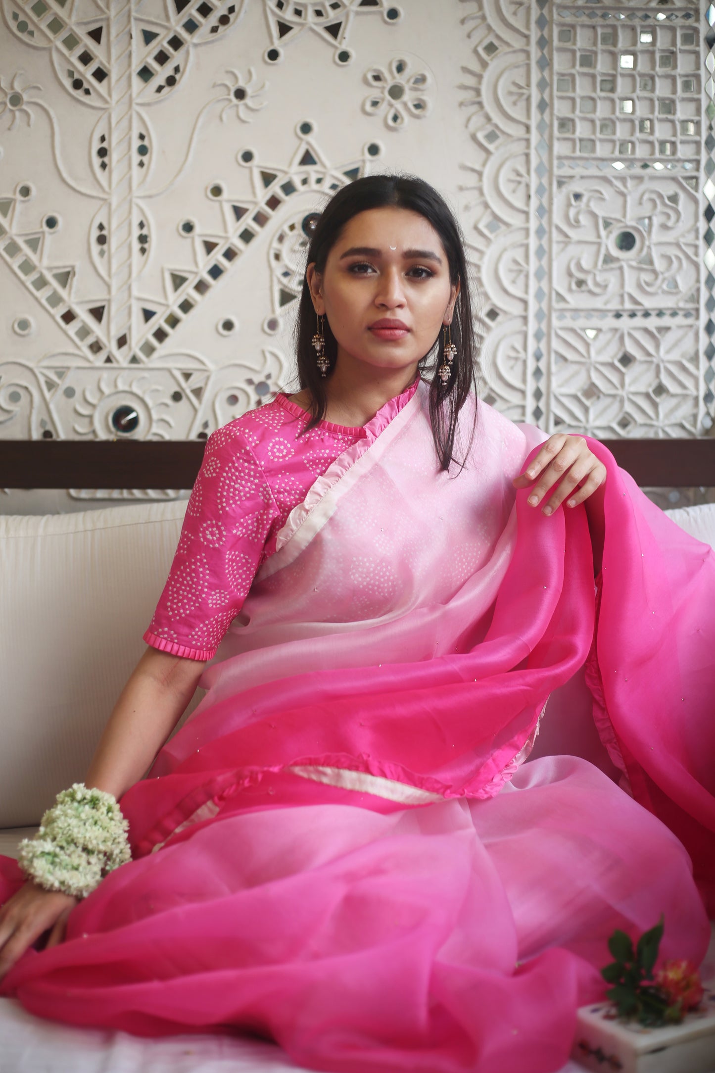 Shaded Organza Saree with Bandhani Blouse - Pink