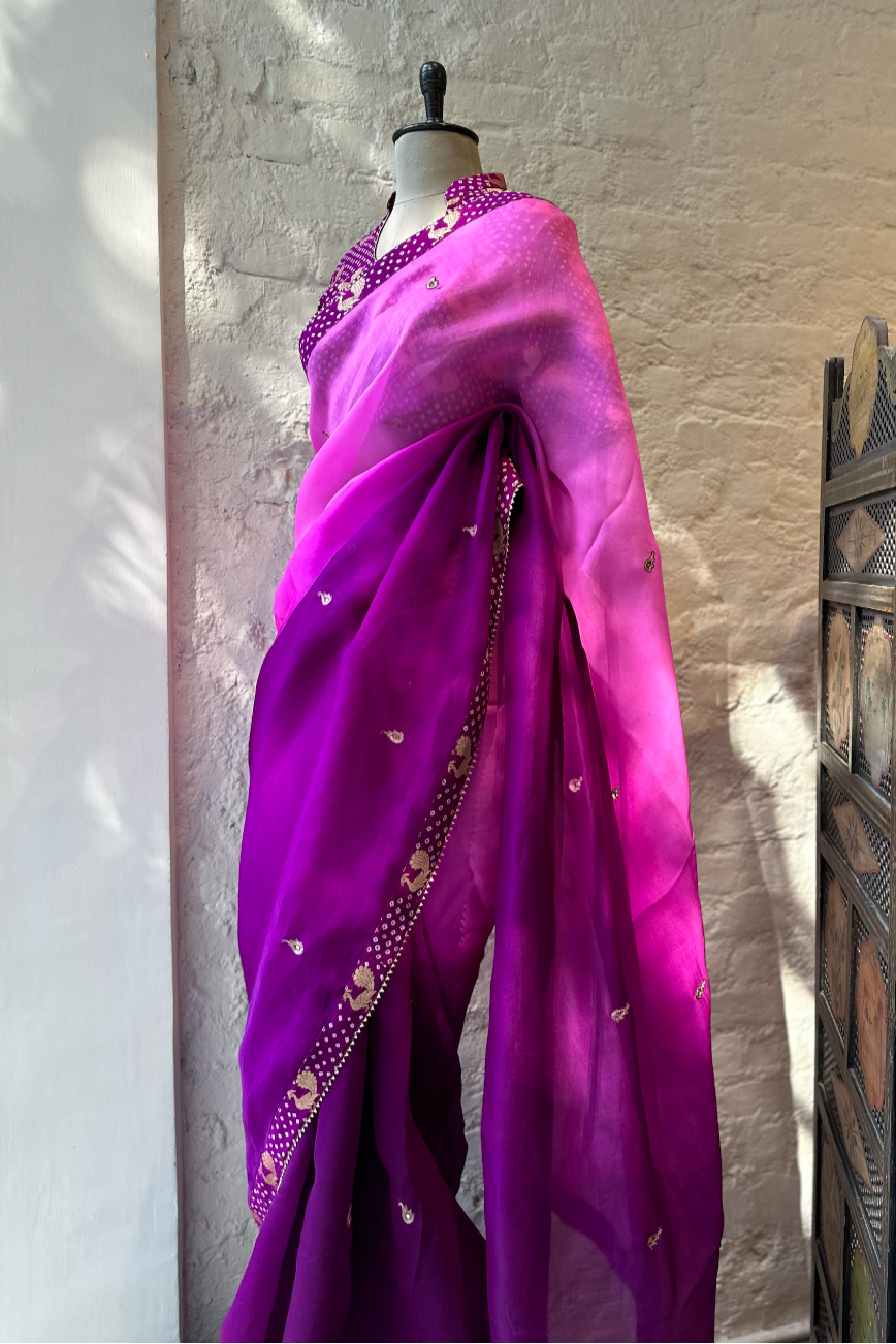 Purple Shaded Organza Saree with Banarasi Bandhani Blouse