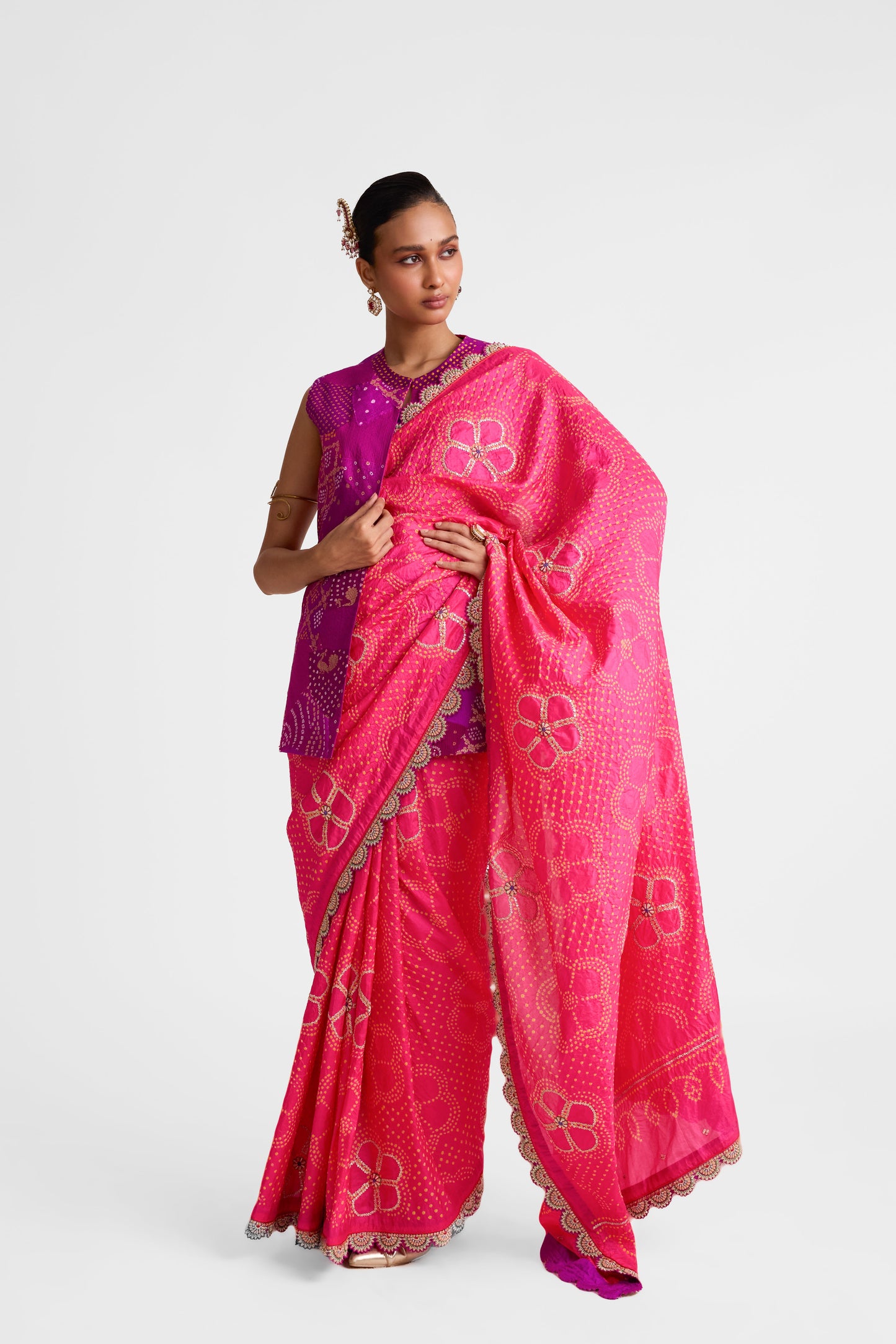 Silk Bandhani Saree with Zardozi - Tomato