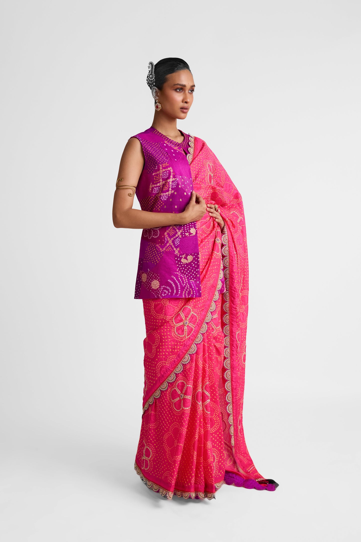 Silk Bandhani Saree with Zardozi - Tomato