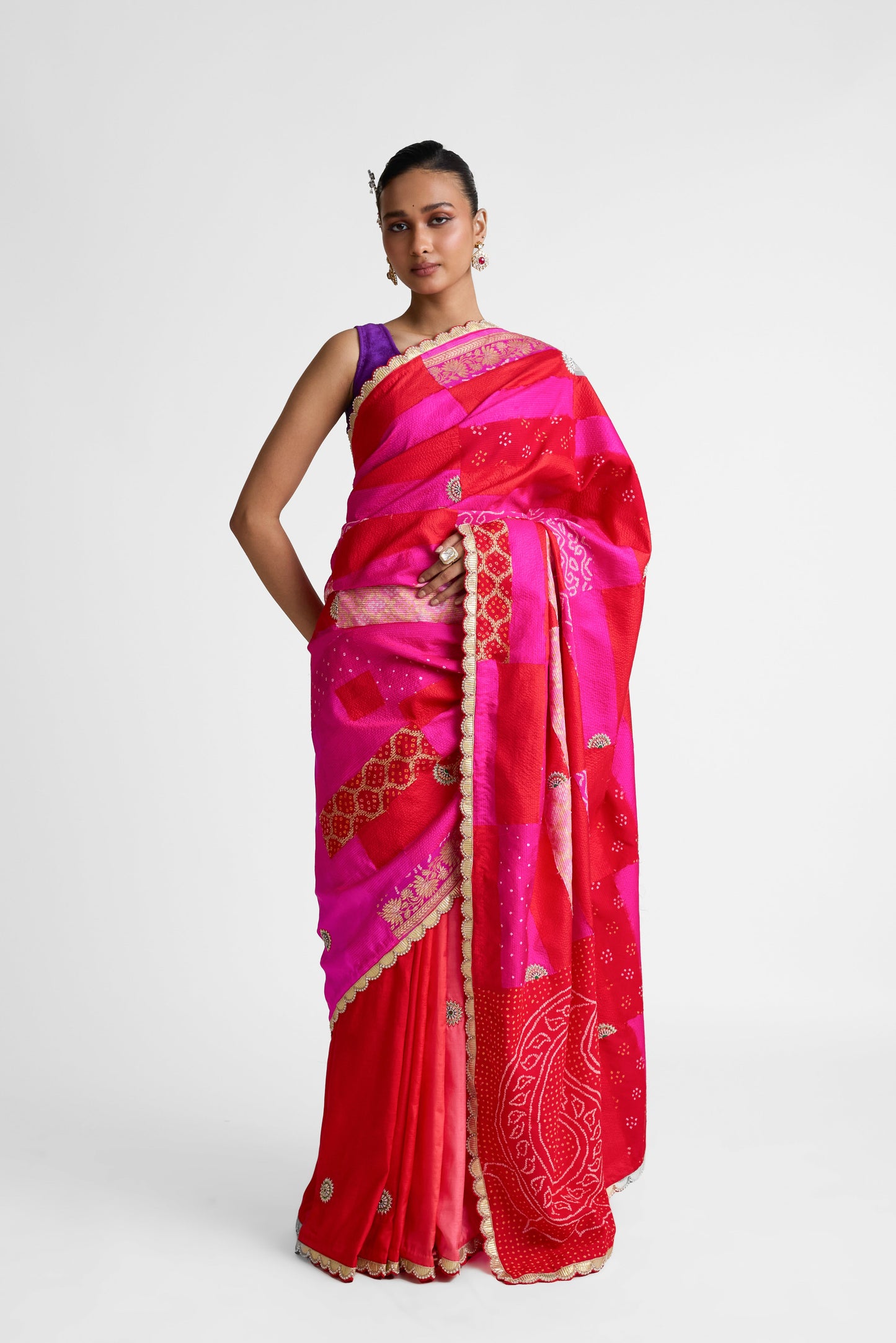 Rectangle Patch Saree - Red Rani