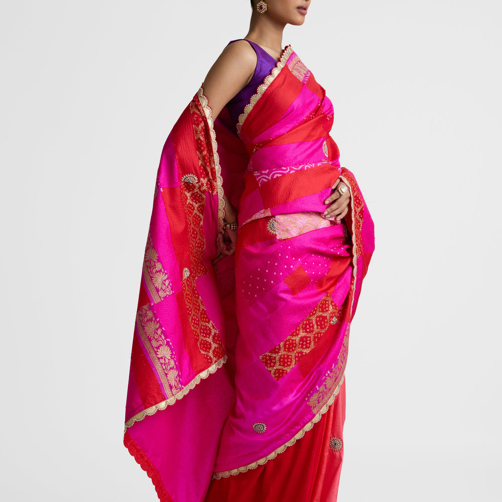Rectangle Patch Saree - Red Rani