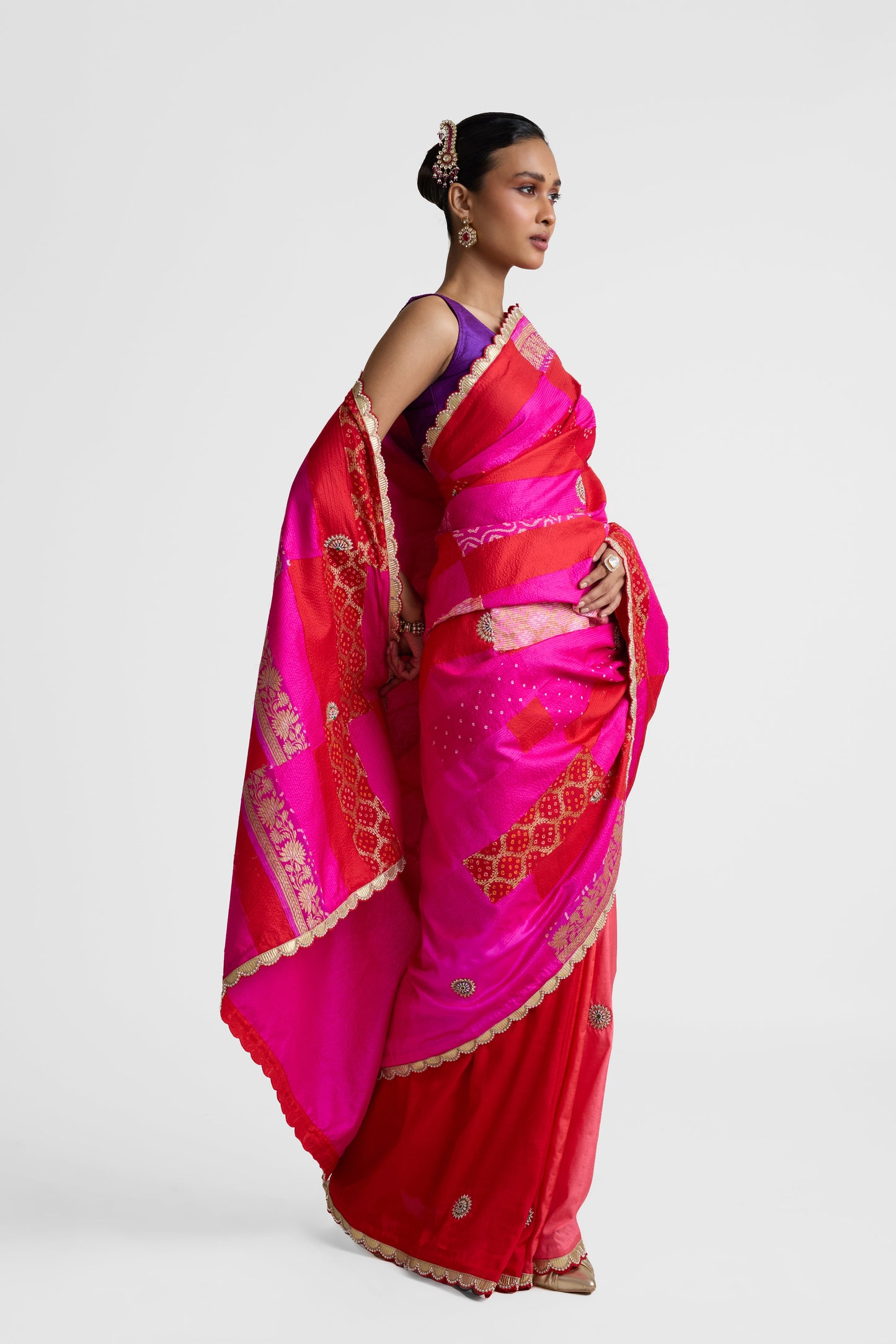 Rectangle Patch Saree - Red Rani