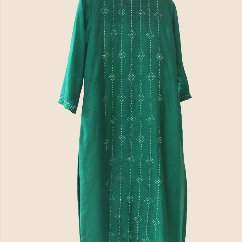 
                      
                        Bandhani on Pure Silk Kurta Pants Set - Green
                      
                    