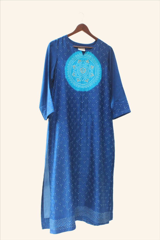 Bandhani on Pure Silk Kurta Pants Set - Blue