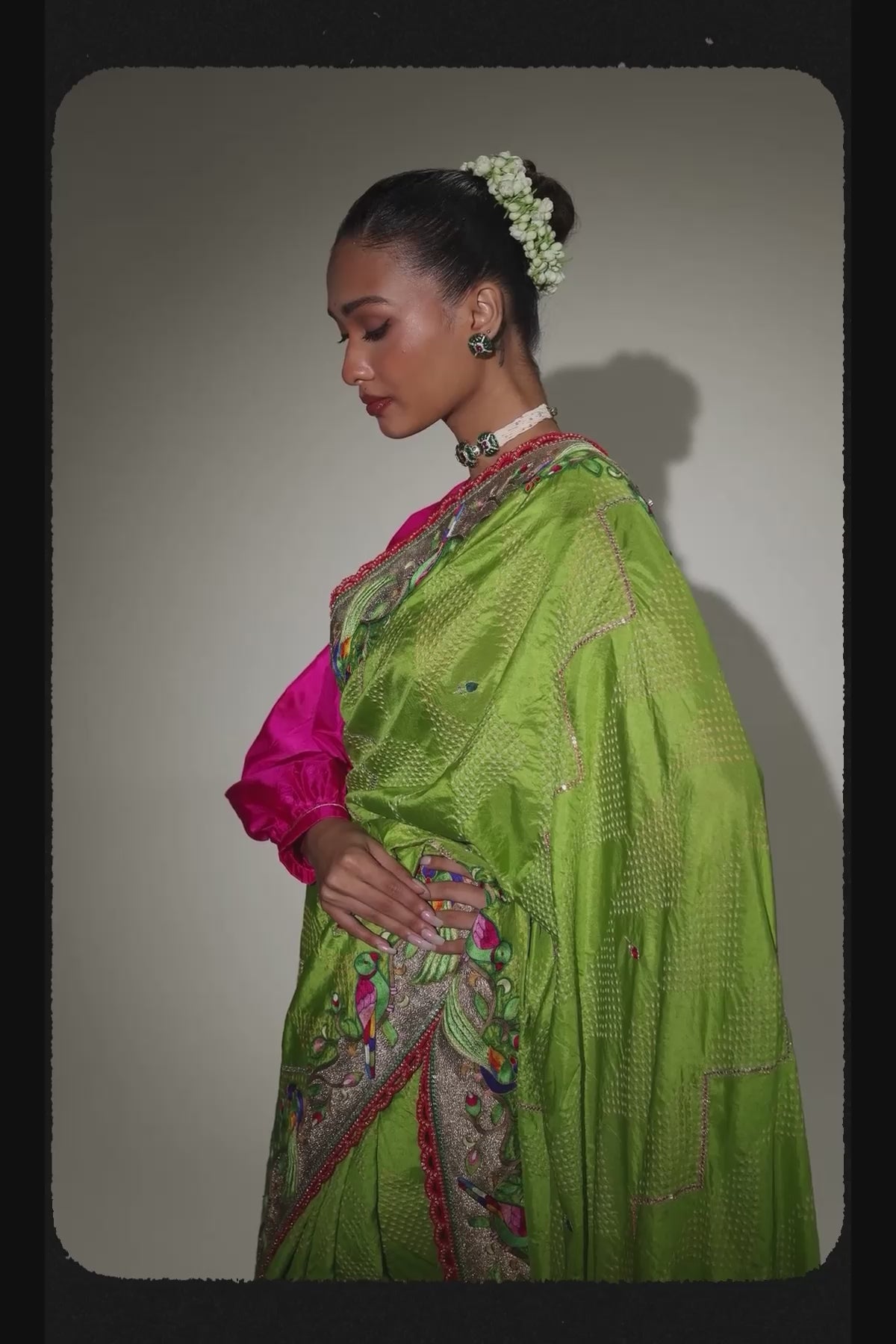 Bandhani Silk Aari Embroidery Saree - Parrot Green