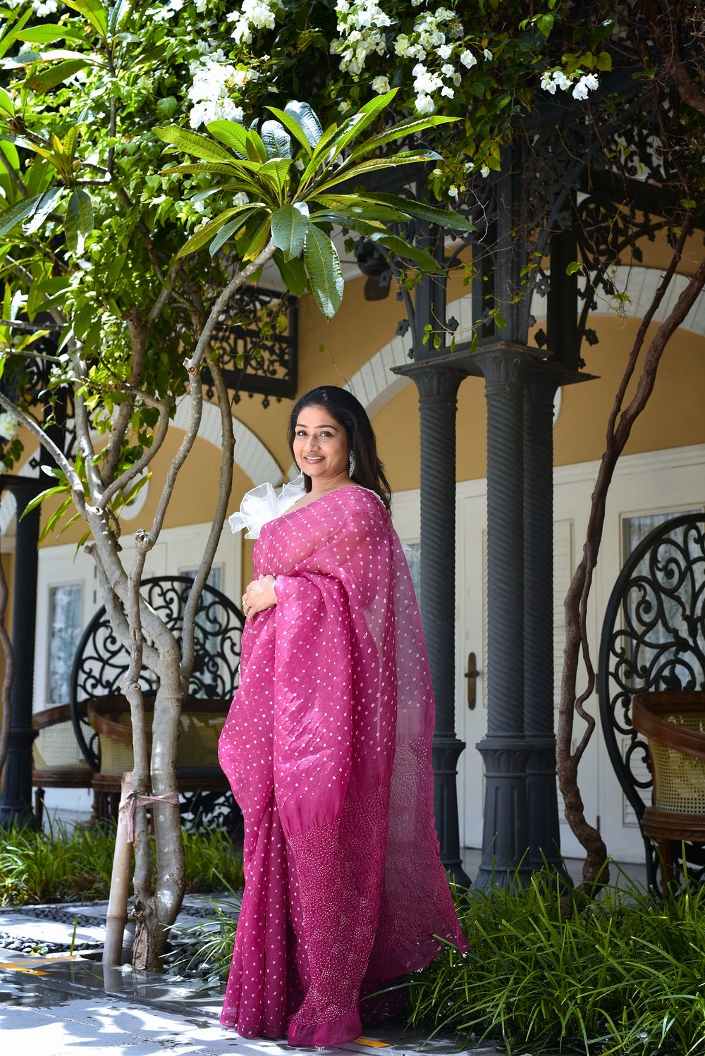 Bandhani on Organza Saree with Pattern on Pallu - Plum