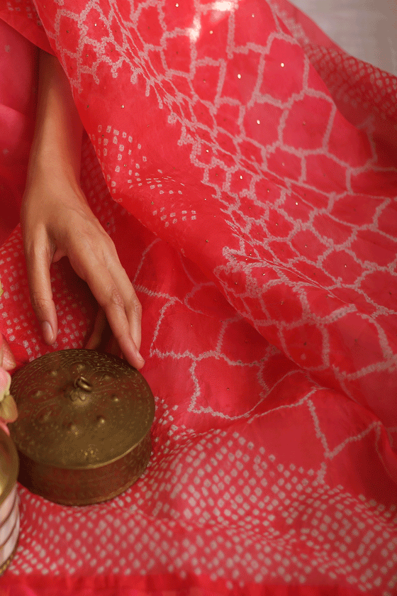 Bandhani on Pure Organza Saree with Pattern on Pallu - Shades of Pink