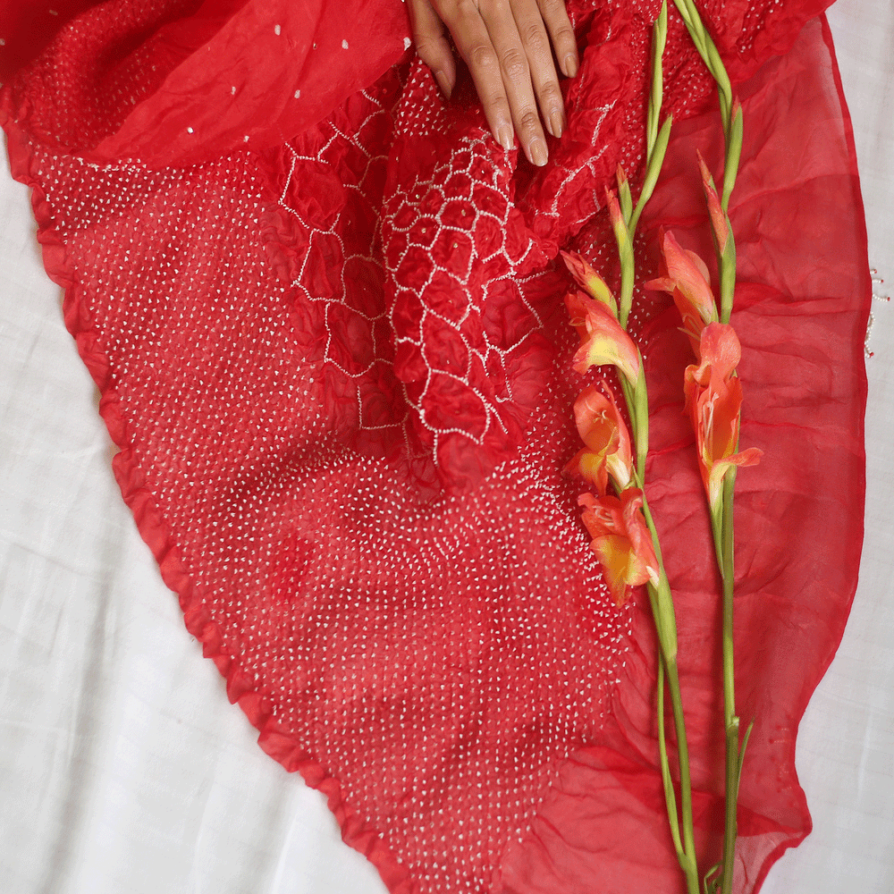 
                      
                        Bandhani on Organza Saree in a Bright Red
                      
                    