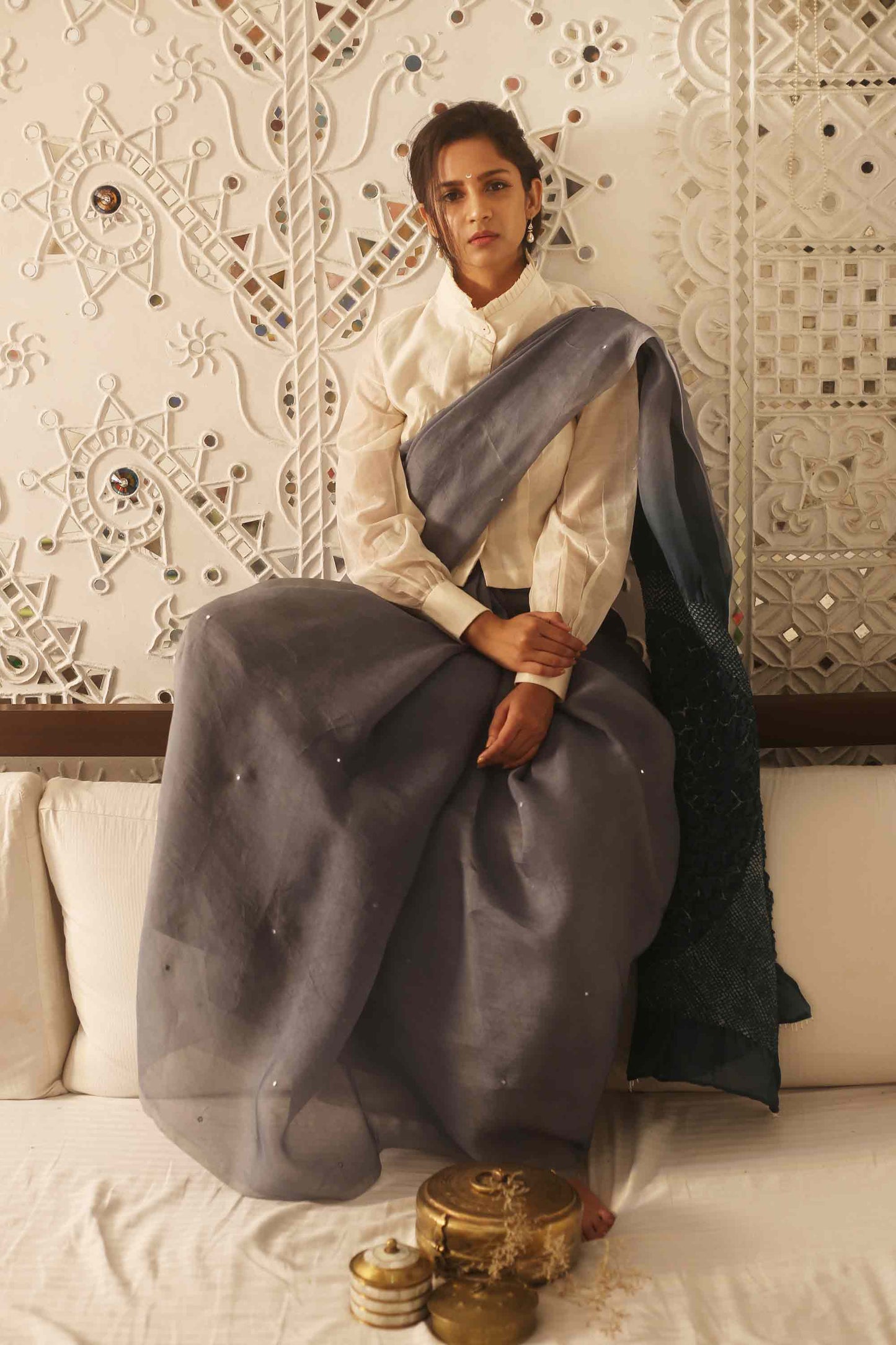 Grey Organza Saree with Pattern on Pallu