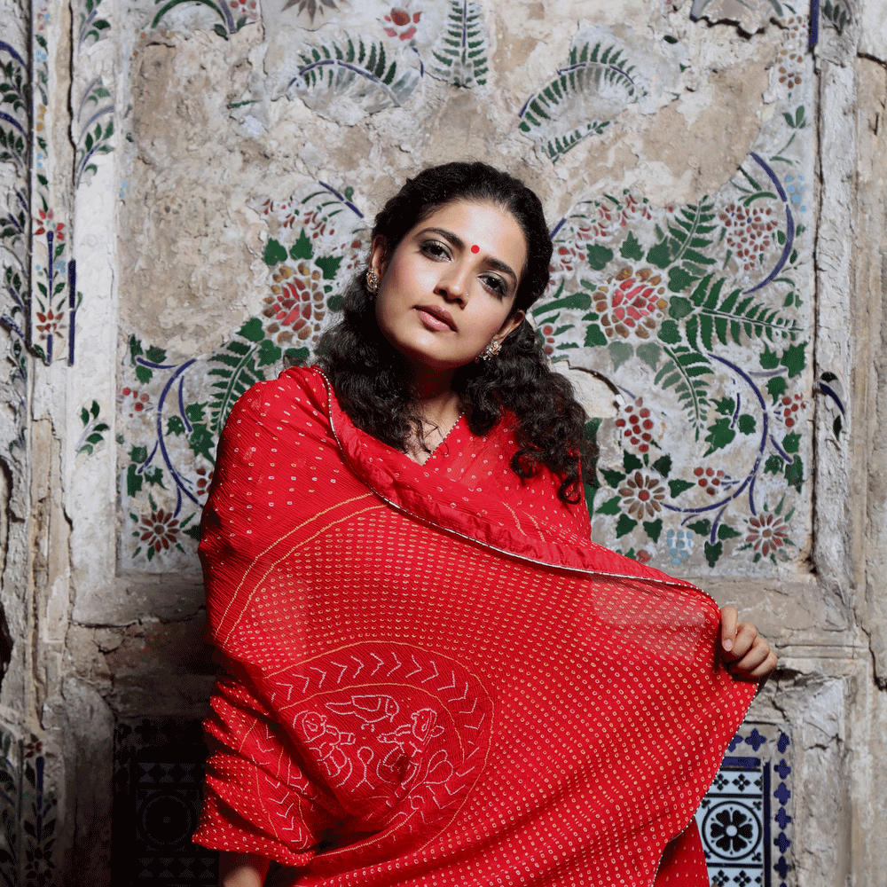 Red Bandhani Saree on Pure Chiffon