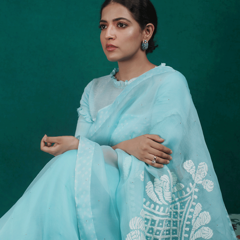 
                      
                        Sky Blue Pure Organza Saree with Rangoli Pattern on Pallu + Bandhej Blouse
                      
                    