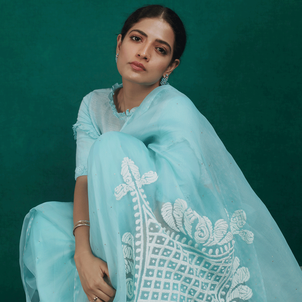 
                      
                        Sky Blue Pure Organza Saree with Rangoli Pattern on Pallu + Bandhej Blouse
                      
                    