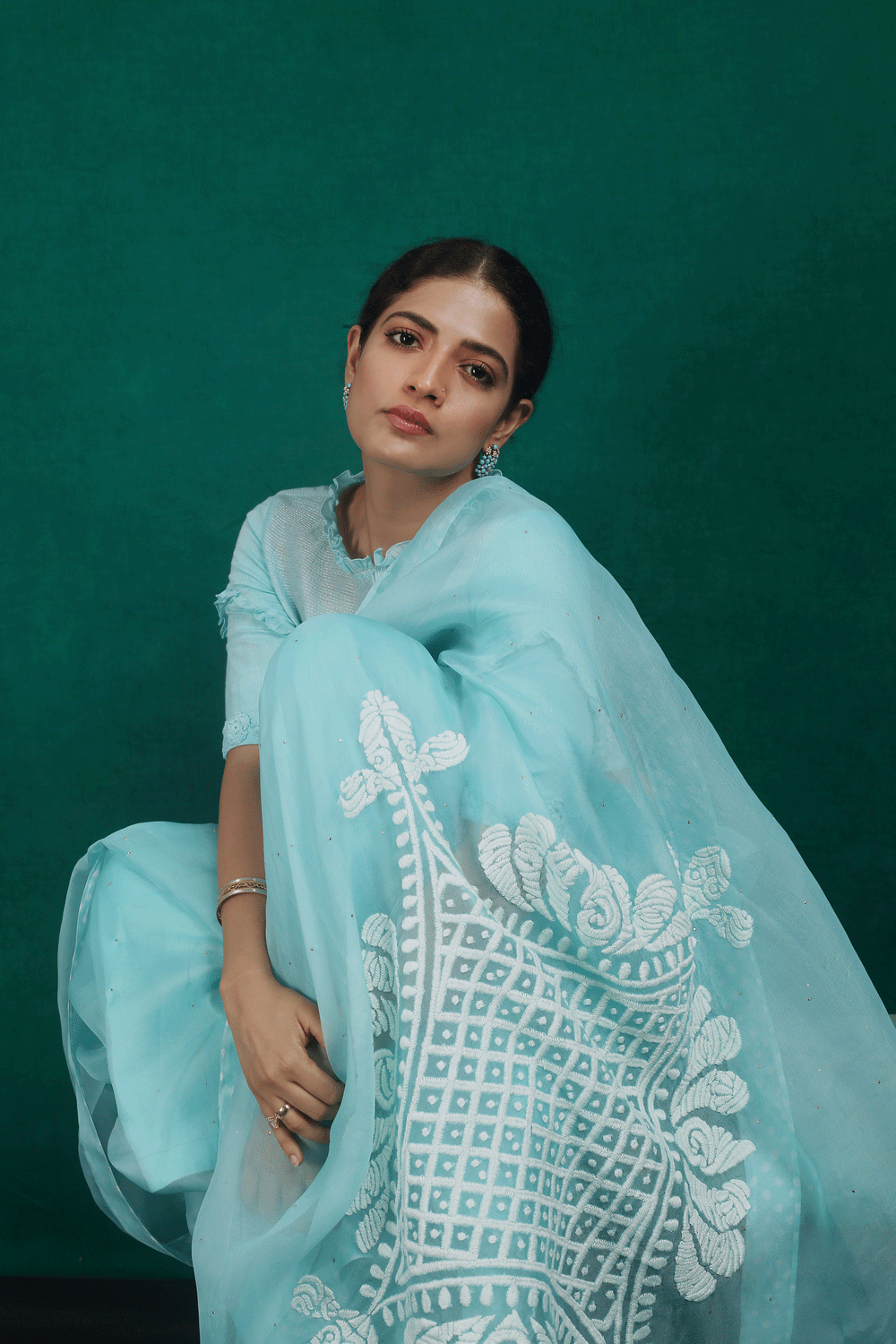 Sky Blue Pure Organza Saree with Rangoli Pattern on Pallu + Bandhej Blouse