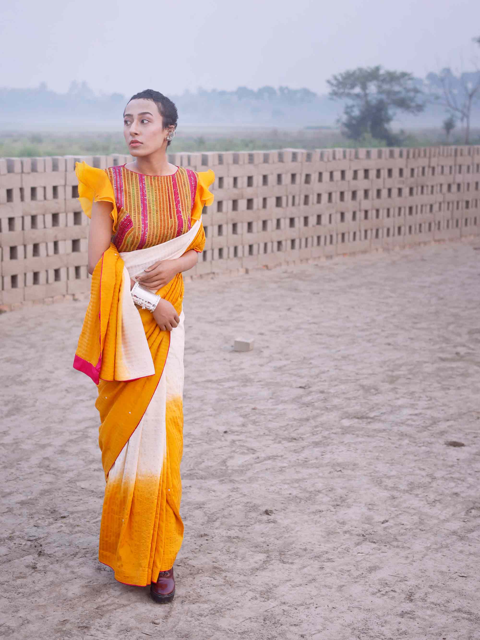 Store Shaded Yellow Pearl Saree