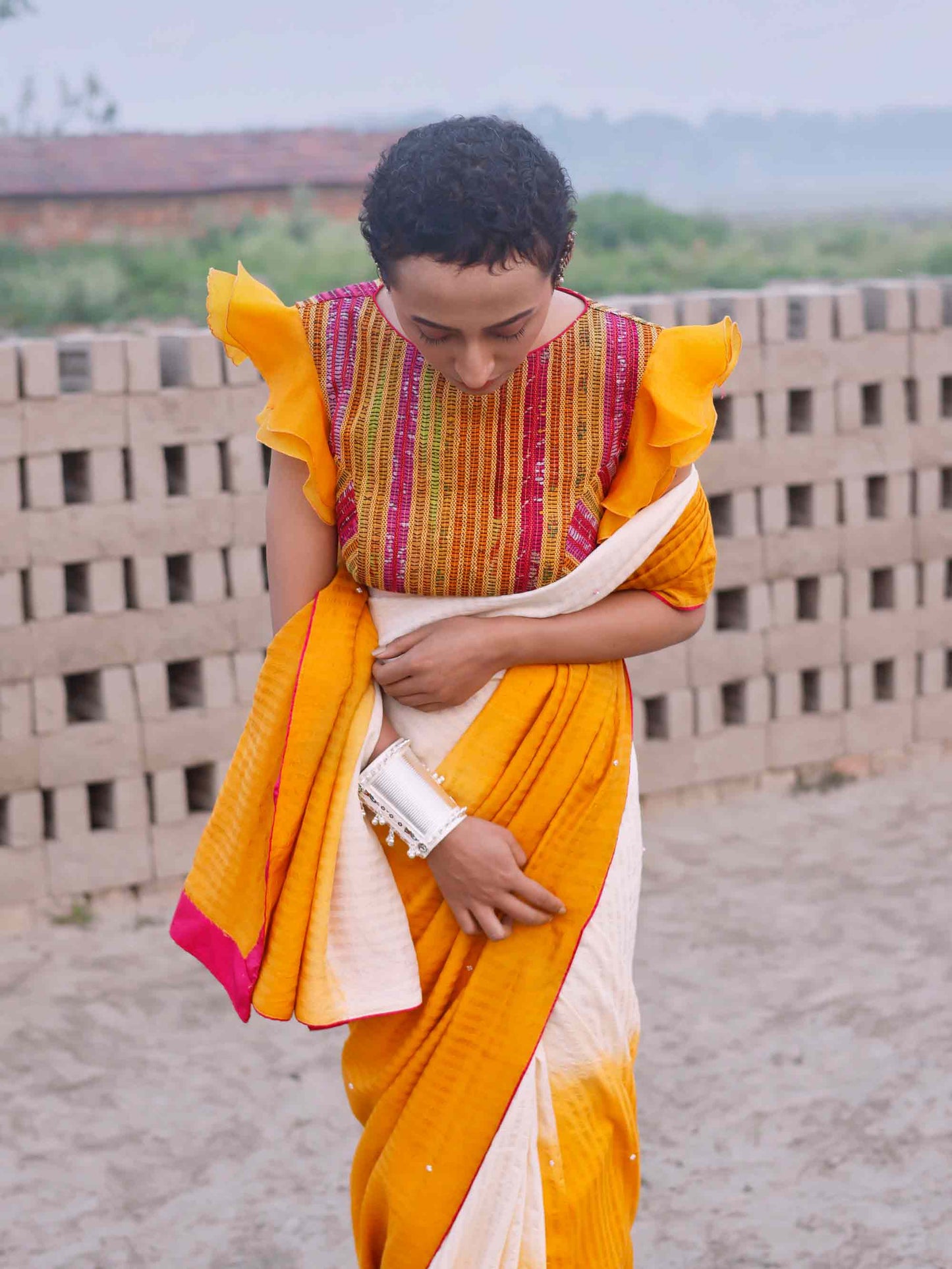 Haldi Yellow and Off White Shaded Silk Saree