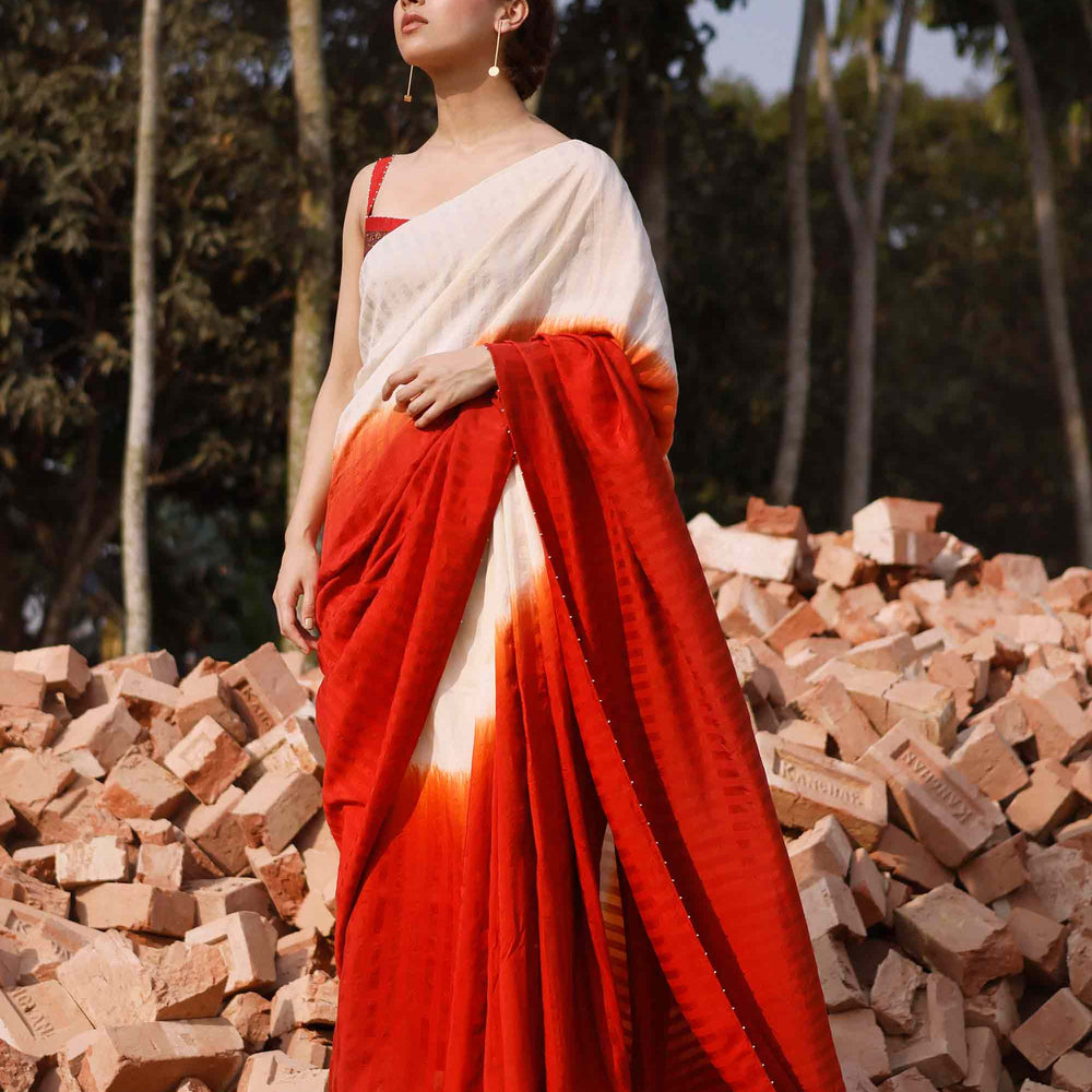 Brick Red Off White Shaded Silk Cotton Saree