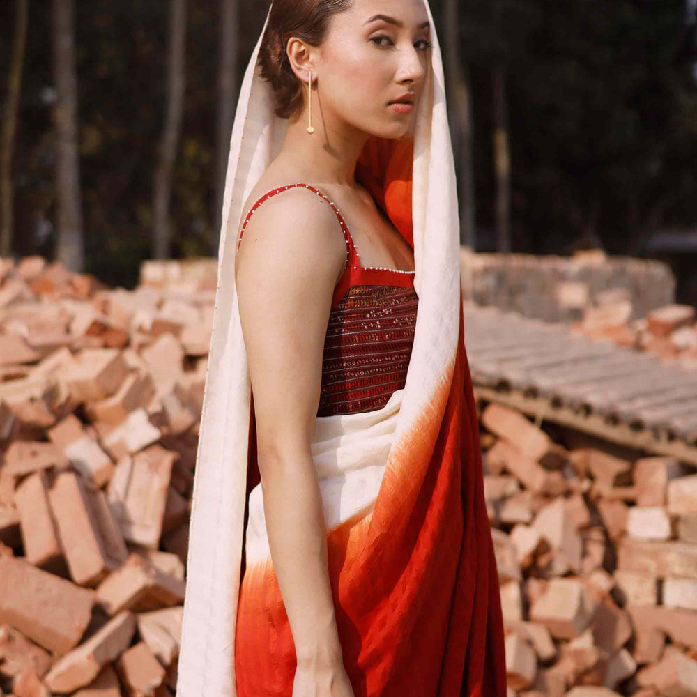 Brick Red Off White Shaded Silk Cotton Saree