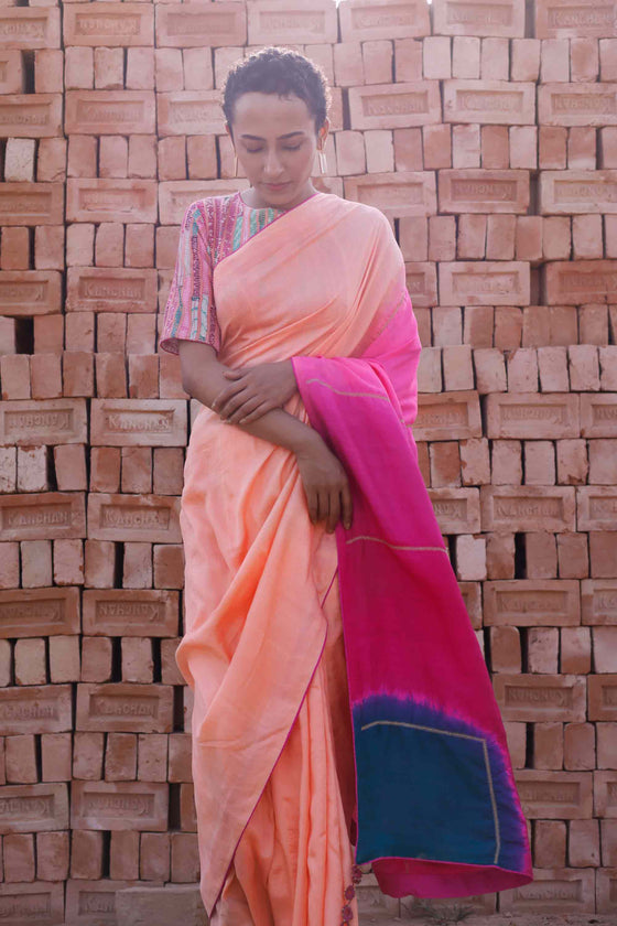 Peach Silk Saree with Colour Blocked Palla – Naina Jain