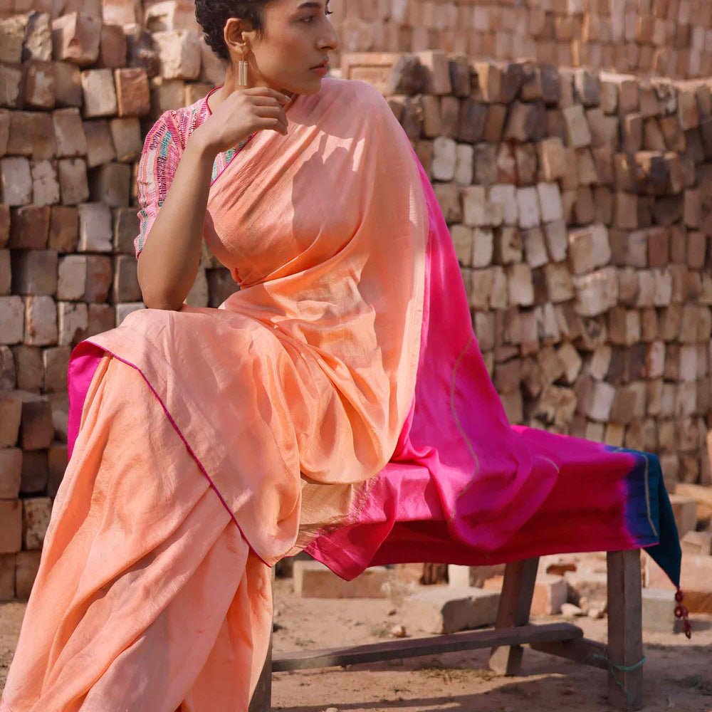 Peach Silk Saree with Colour Blocked Palla