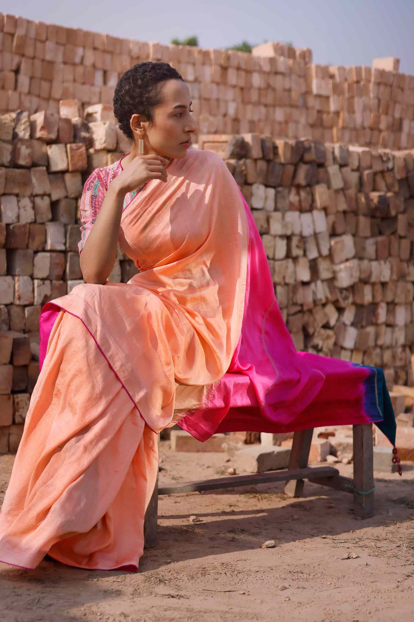 Peach Silk Saree with Colour Blocked Palla