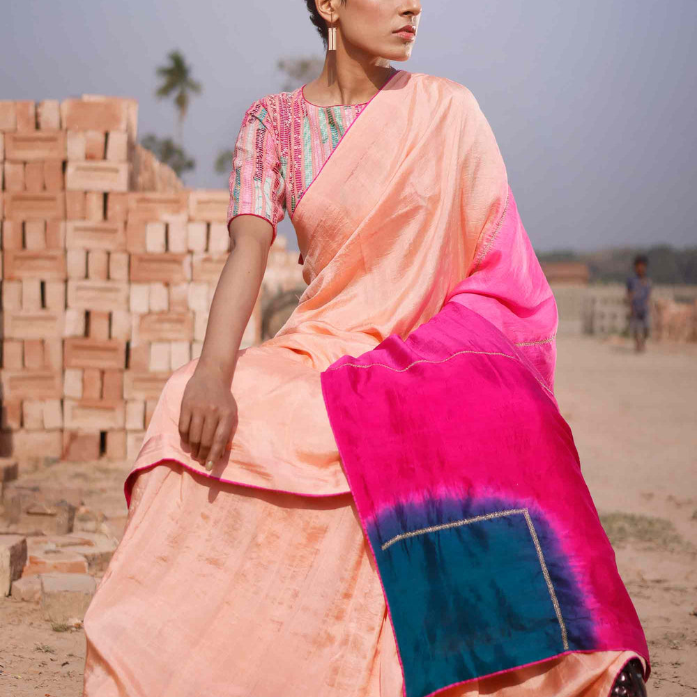 Peach Silk Saree with Colour Blocked Palla