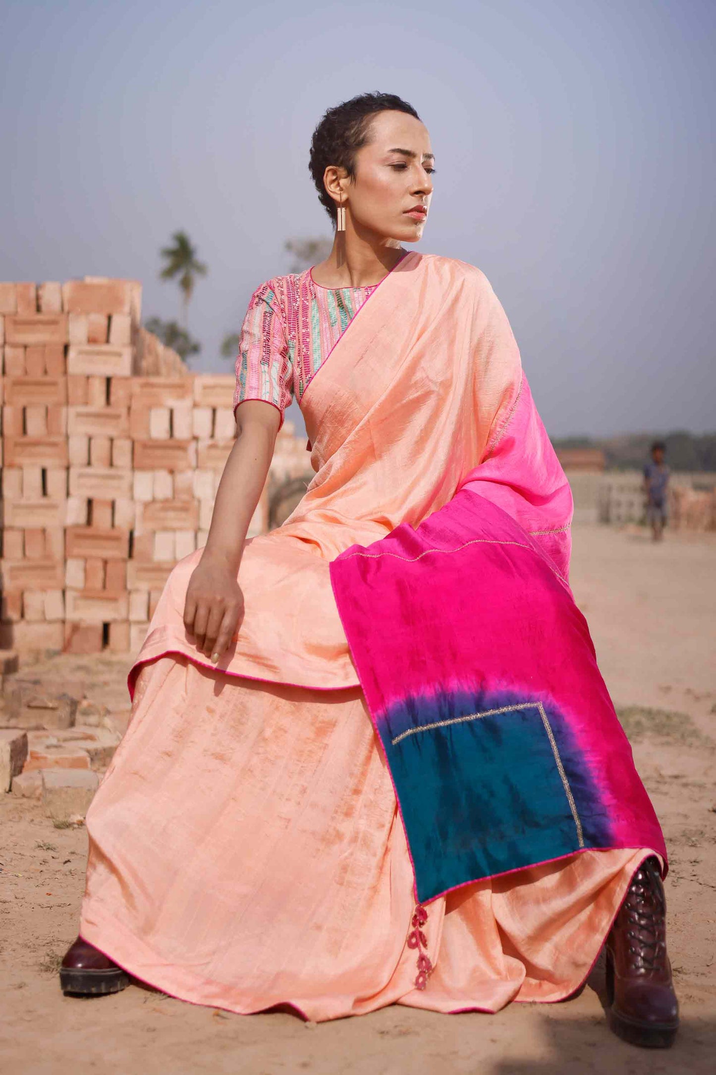 Peach Silk Saree with Colour Blocked Palla