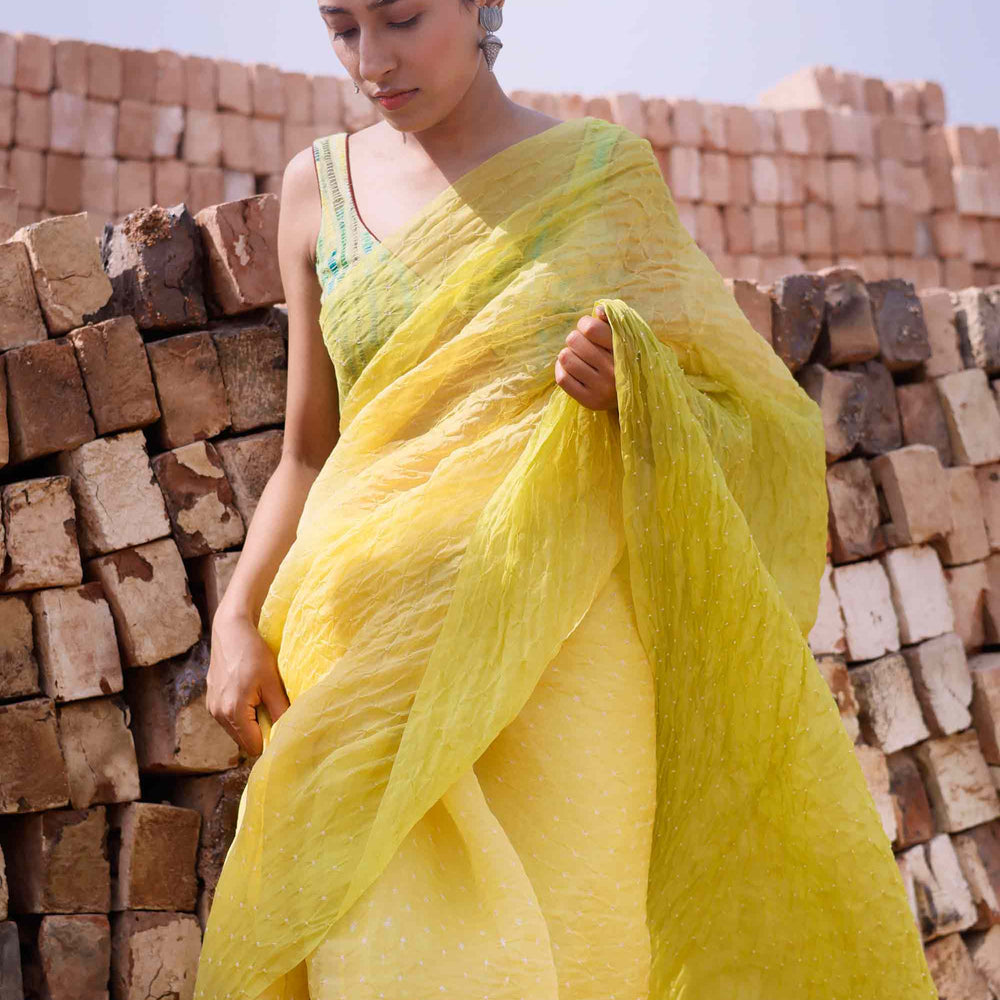 Bandhani on Pure Organza Saree with Blouse - Shaded Lime Green