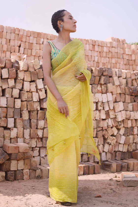 Bandhani on Pure Organza Saree with Blouse - Shaded Lime Green