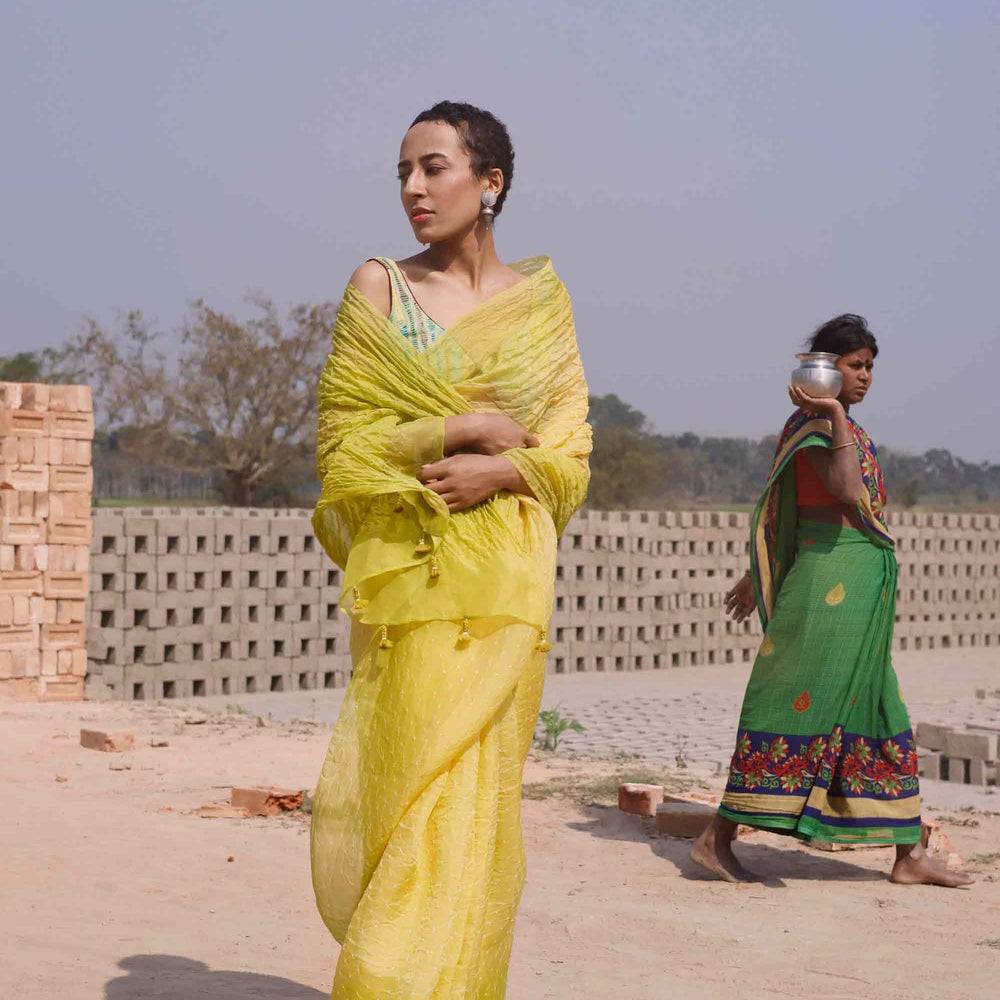 Bandhani on Pure Organza Saree with Blouse - Shaded Lime Green