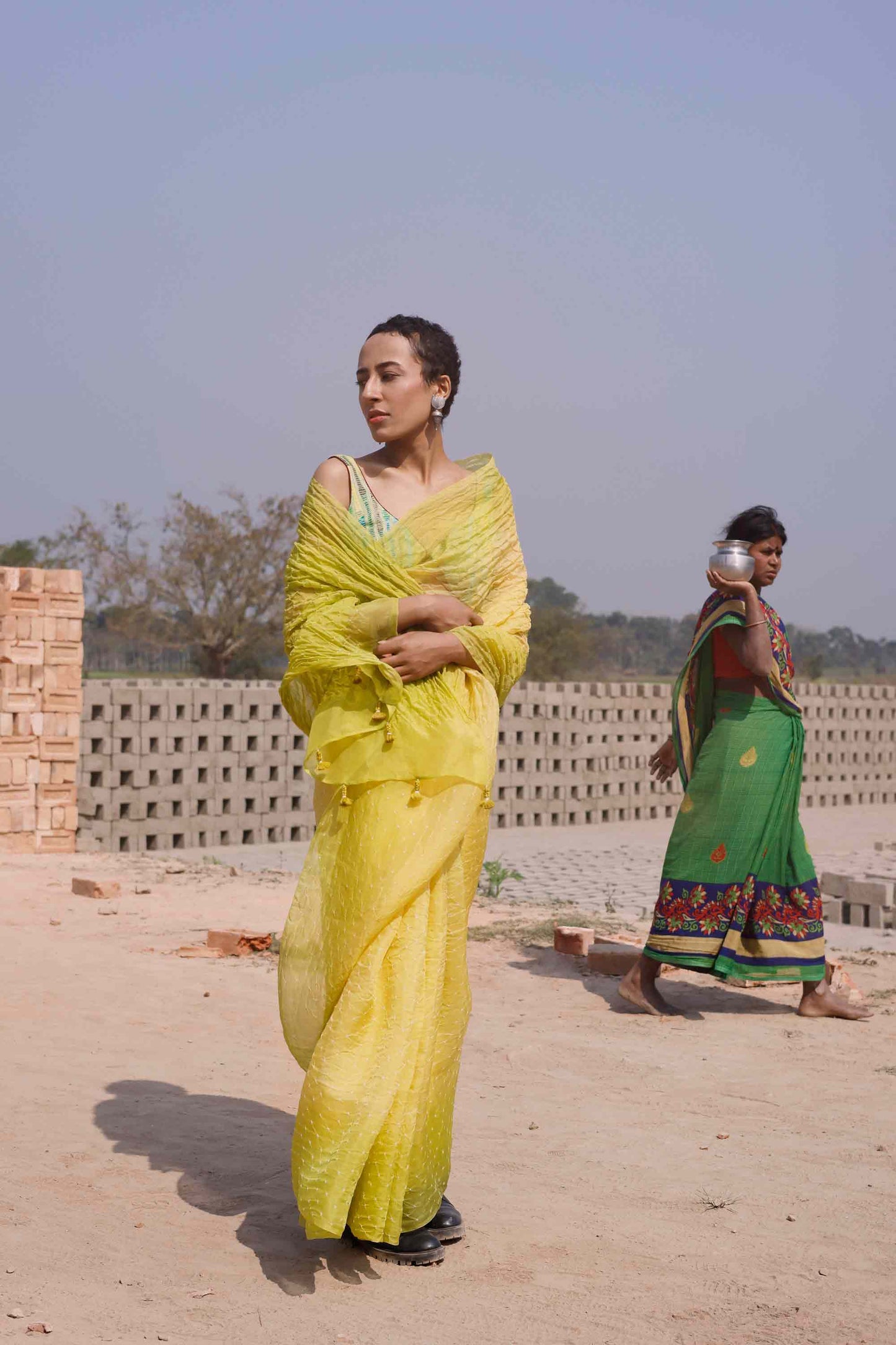 Bandhani on Pure Organza Saree with Blouse - Shaded Lime Green