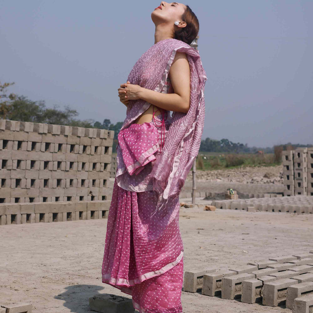 
                      
                        Bandhani on Linen Saree in Onion Pink
                      
                    