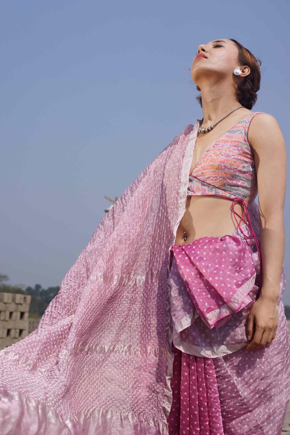 Bandhani on Linen Saree in Onion Pink