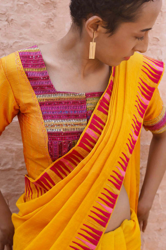 Chanderi Tissue Saree with Thread Embroidery - Haldi Yellow